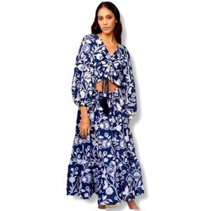 WAIMARI Emanuelle Navy Blue White Embroidered Midi Dress Cut Out Resortwear Sz M